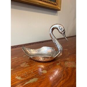 Vintage Silverplate Swan Dish • Sculptural Metal Trinket Bowl